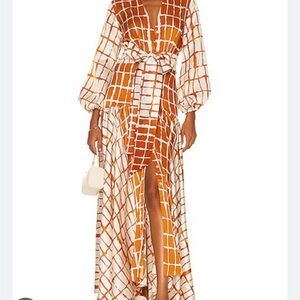 Silvia Tcherassi NWT Orange and White Grid Pattern Maxi Dress